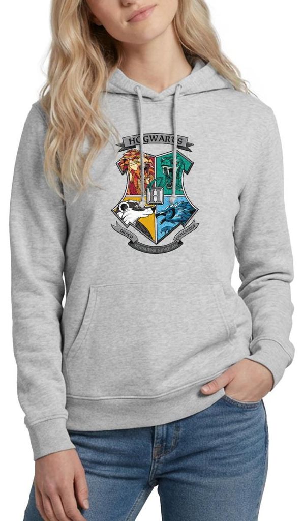 Spreadshirt Harry Potter Hogwarts Logo Tiere Der Häuser Damen Hoodie, M, Hellgrau meliert