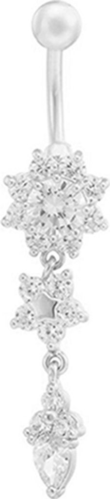 Frauen Mode Strass Blume Waterdrop Körper Piercing Schmuck Barbell Nabel Ring-Silber + weißer Strassstein