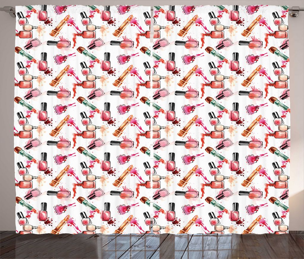 ABAKUHAUS Feminin Rustikaler Vorhang, Nagellack Lippenstift Motif, Wohnzimmer Universalband Gardinen mit Schlaufen und Haken, 280 x 225 cm, Weiß u...