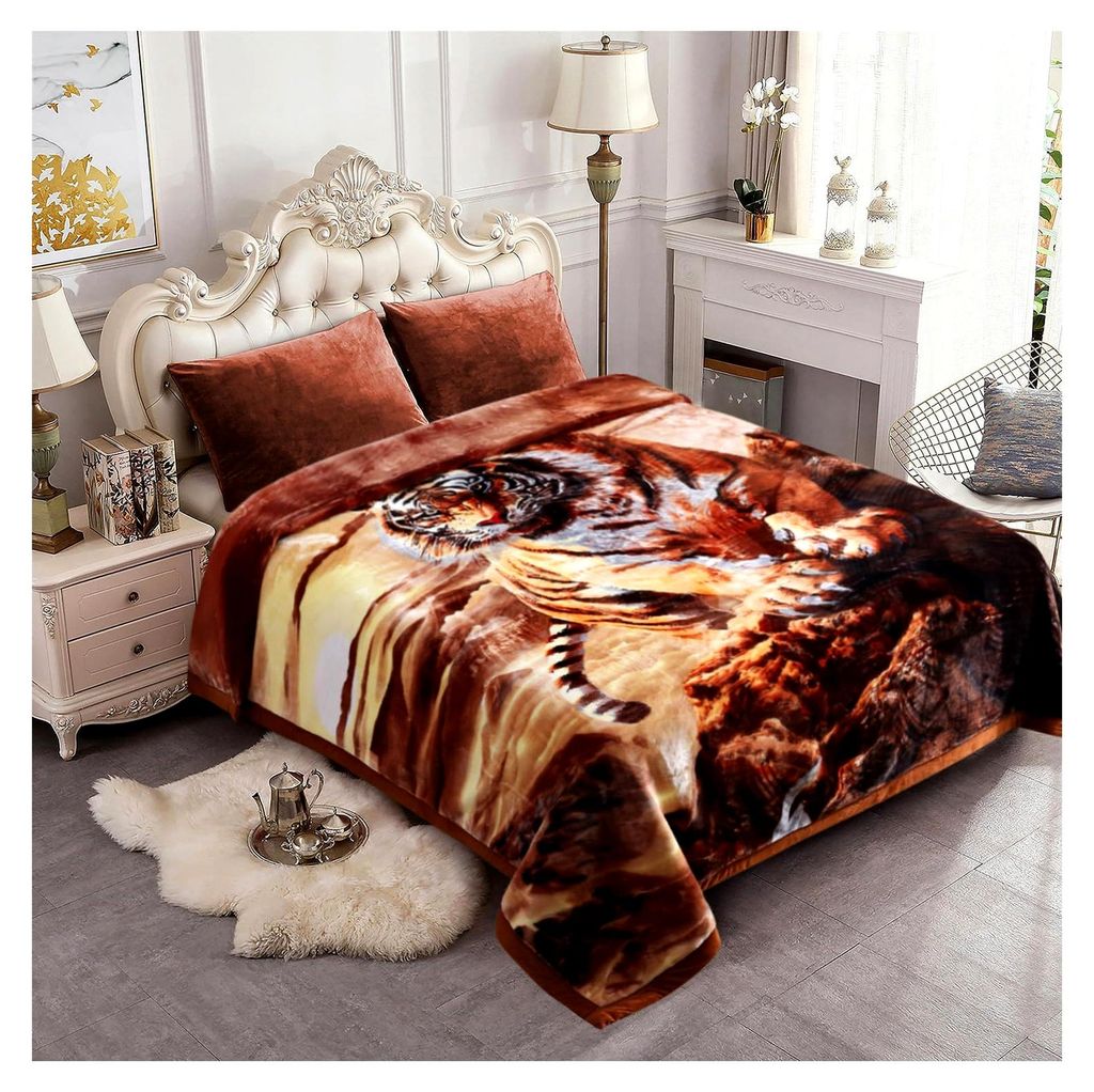 Fleecedecke im koreanischen Stil, King-Size (ca. 221×239 cm), 4,8 kg, 2-lagig, Raschel-Fleece, beidseitig mit Tiger- und Pferd-Motiv, seidig weich...