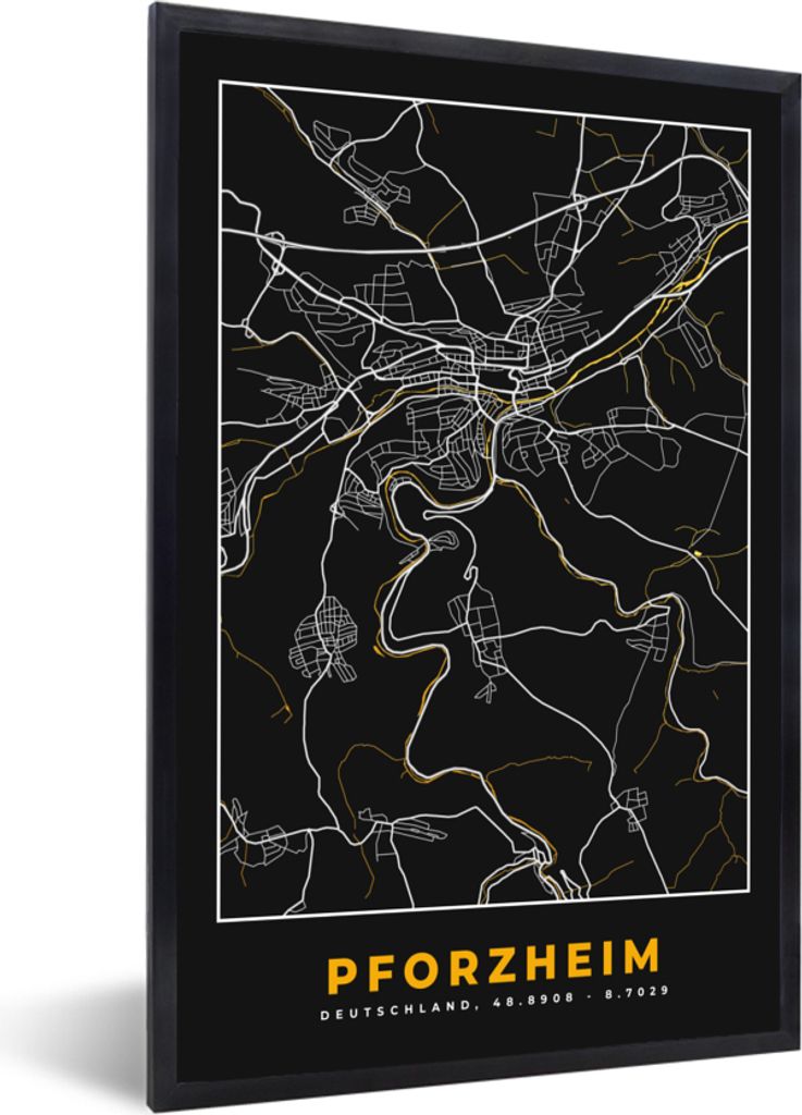 MuchoWow Gerahmtes Poster Pforzheim - Gold - Karte - Deutschland - Karte 20x30 cm - Poster mit Schwarzem Bilderrahmen Wandposter Rahmen Foto Bild...