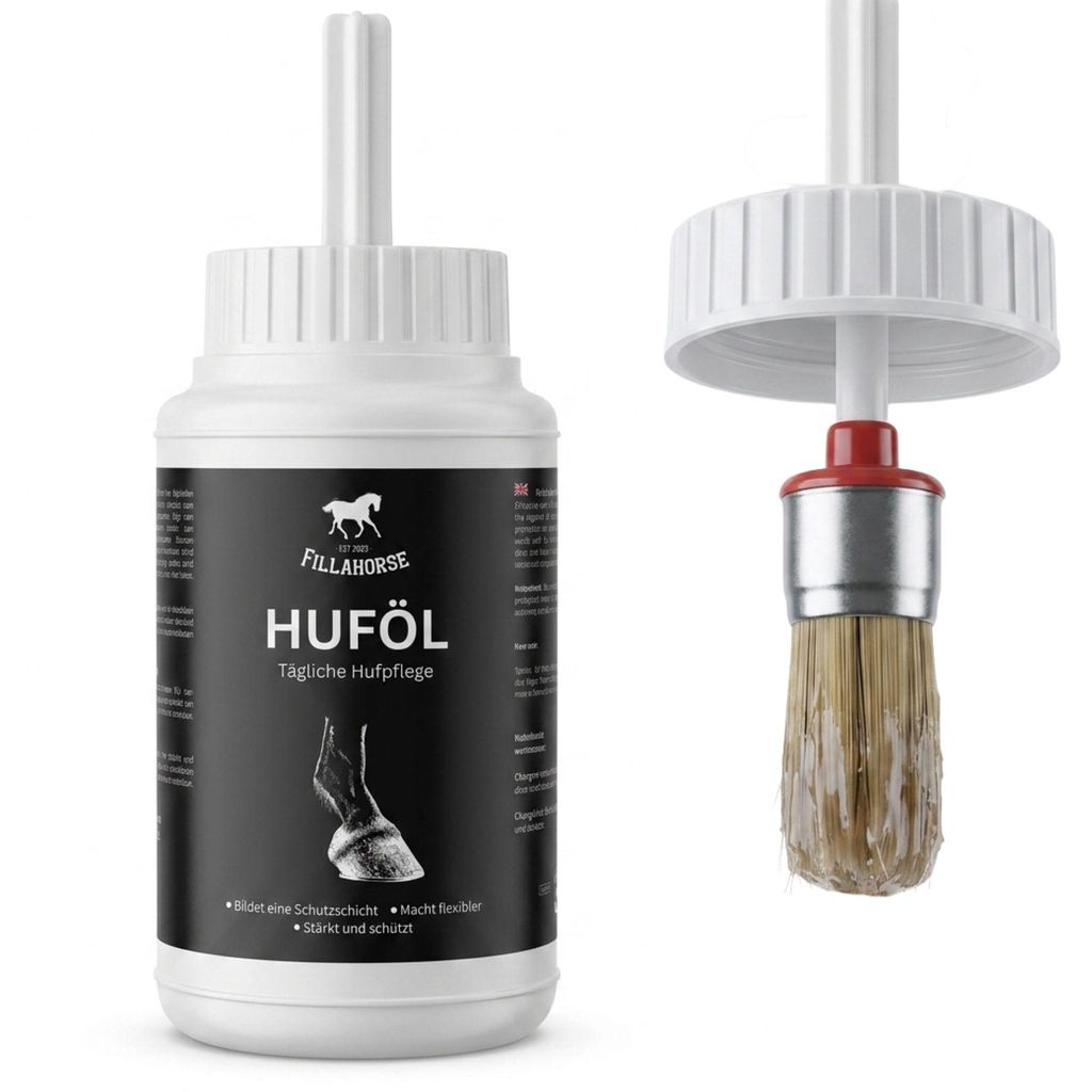 FillaHorse Hufpflegeöl 550ml – Premium Pflege mit integriertem Pinsel – Pflegendes Huföl für Pferde mit Teebaumöl und Traubenkernöl
