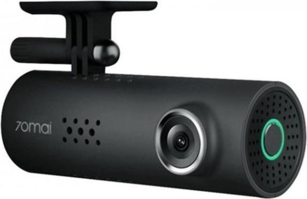 A black dash cam with a mounting bracket is shown against a white background.