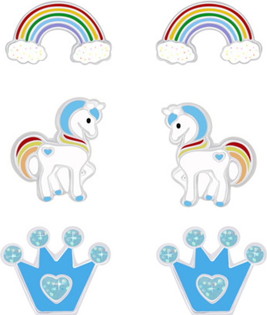 3er Set Kinder Ohrringe Silber 925 Ohrstecker Einhorn / Regenbogen / Krone