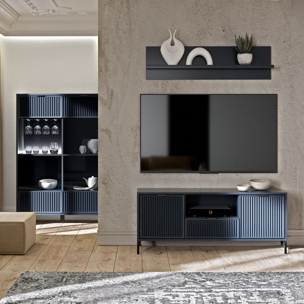 Wohnwand Indigo blau LAURO-161 modern mit Rillenoptik 3-teilig