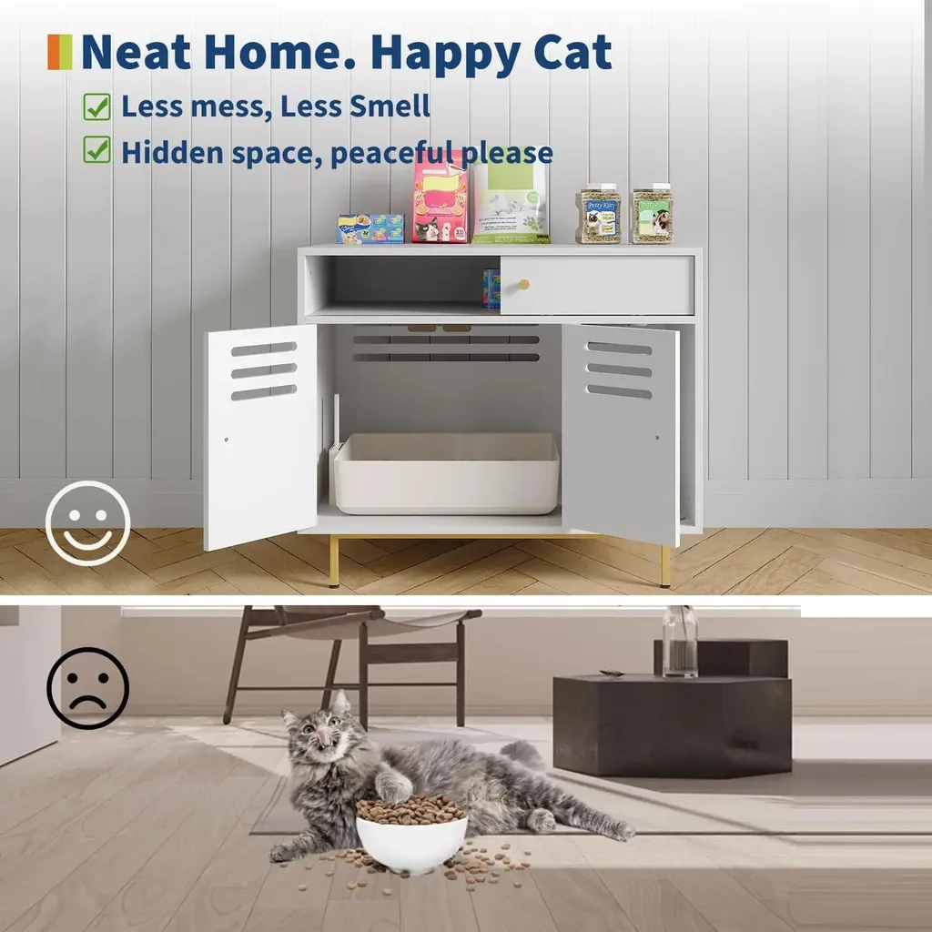 Table d'appoint pour chat avec compartiment litière caché coloris blanc - 5
