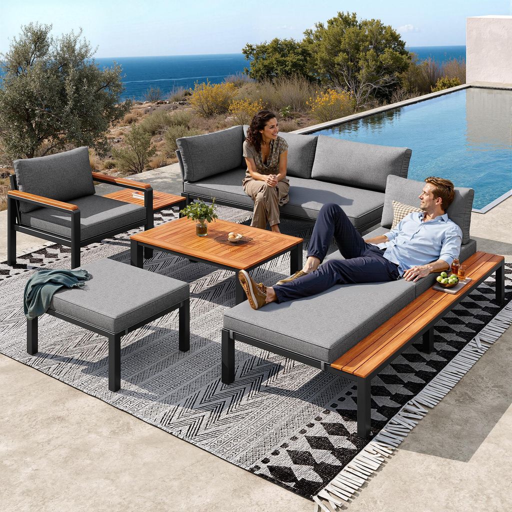 Gartenmöbel-Set Garten Sofa Set Garten-Loungestuhl-Set Modulare Outdoor-Sitzgruppe mit freier Kombination, Metallrahmen, Kissen Holztischen, Grau