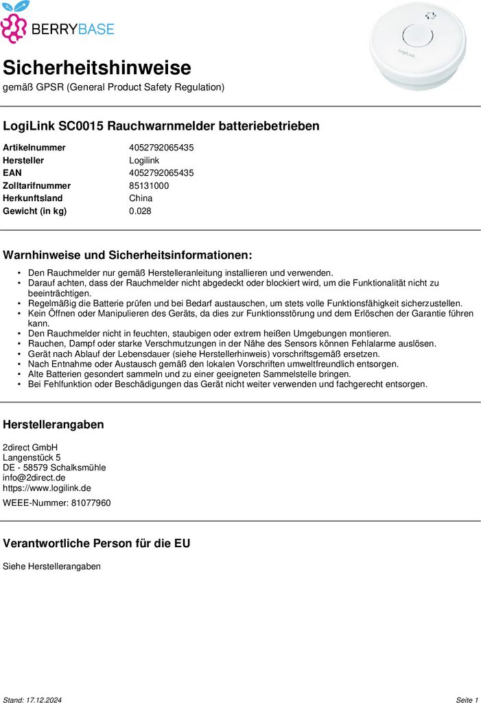 LogiLink SC0015 Czujnik dymu zasilany bateryjnie Zdjęcie produktu 2