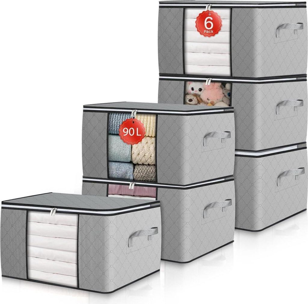 A stack of grey fabric storage boxes with clear fronts, some filled with folded items.