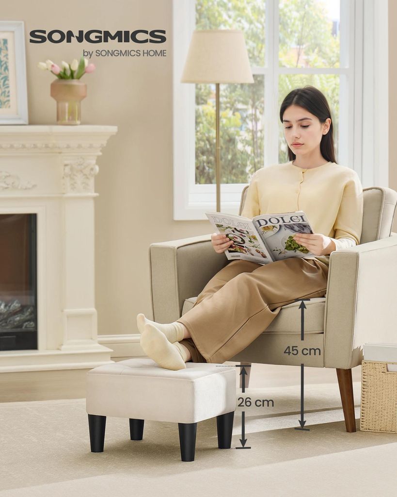 Sitzhocker & Fußhocker - Ottomane - Leinenoptik - Dick gepolstert - Bis 150 kg belastbar - Montage - Cappuccino-Beige/Schwarz