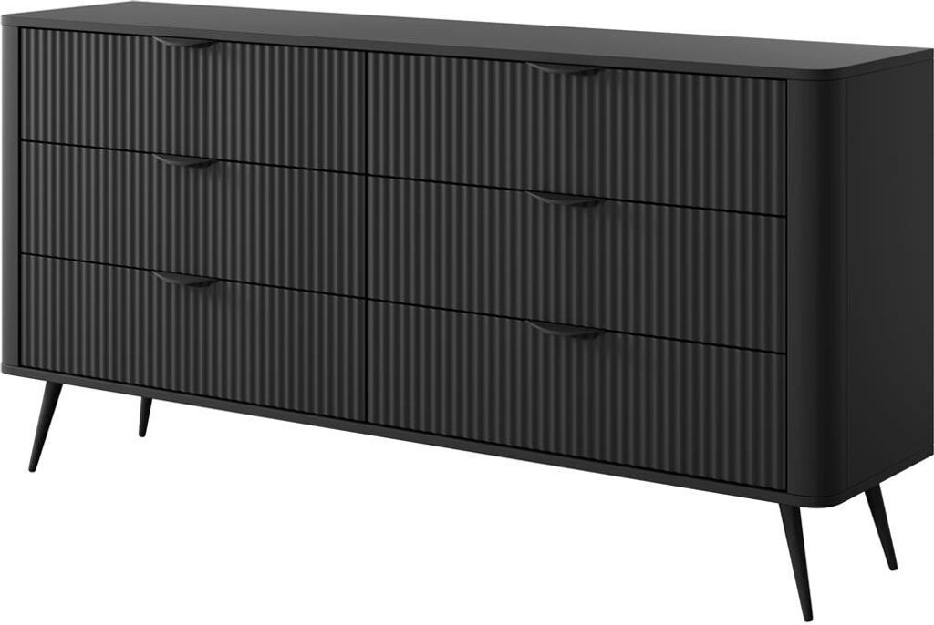 BETTSO Breite Kommode mit 6 Schubladen Geriffelt Fronten schwarz Beine schwarz Griffe LANTE 163 cm Schwarz