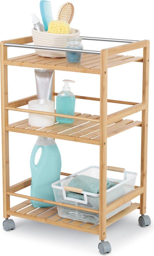 DomoPak Living Bambus Badregal Large mit 3 Ablagen, 35 x 45 x 75 cm, Küchenregal mit Rollen, Modern und platzsparend, Natur, 901048