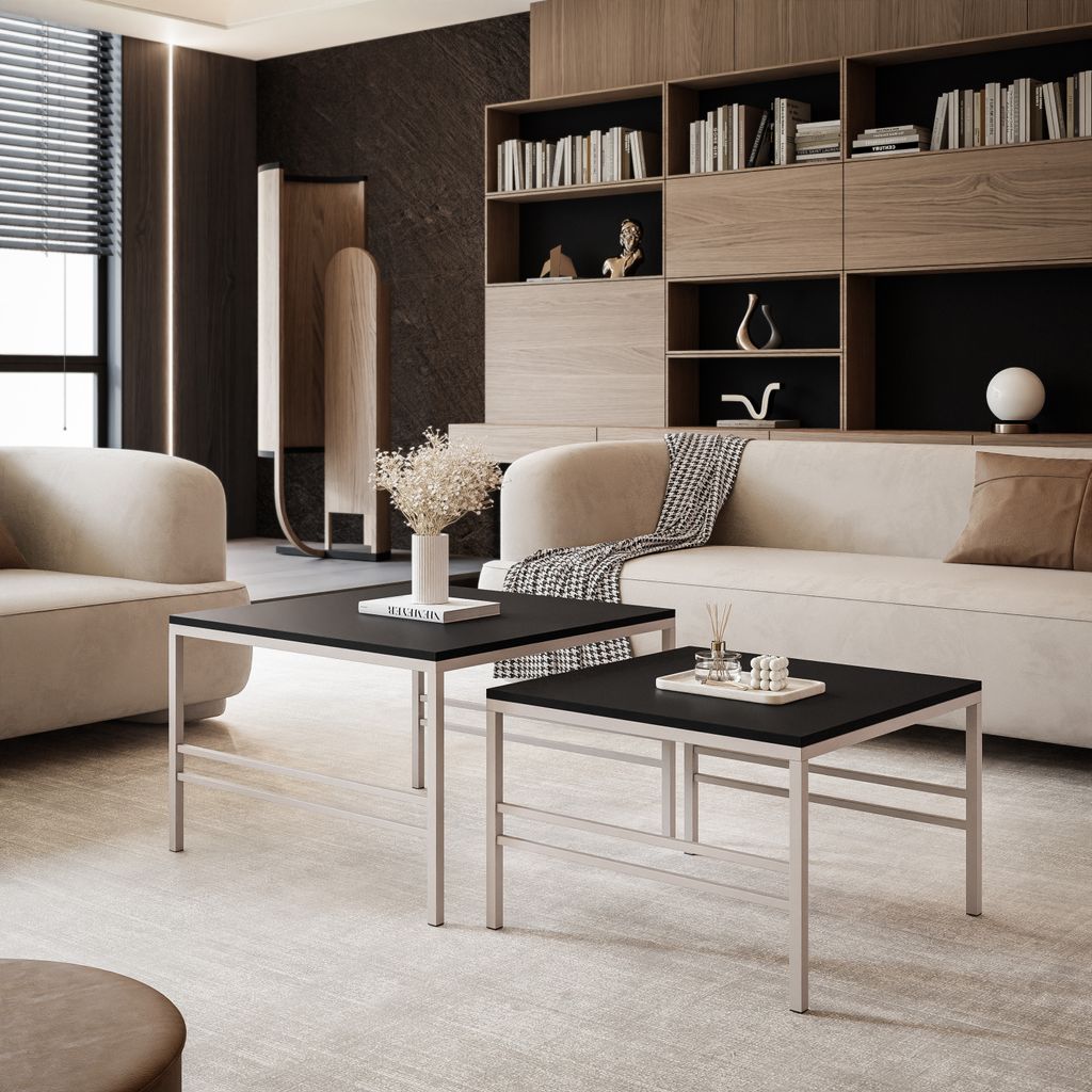 Moderner Couchtisch FORMA 2in1 für das Wohnzimmer mit Metalgestell Kaffeetisch Wohnzimmertisch Sofatisch Kaschmir / Schwarz Matt