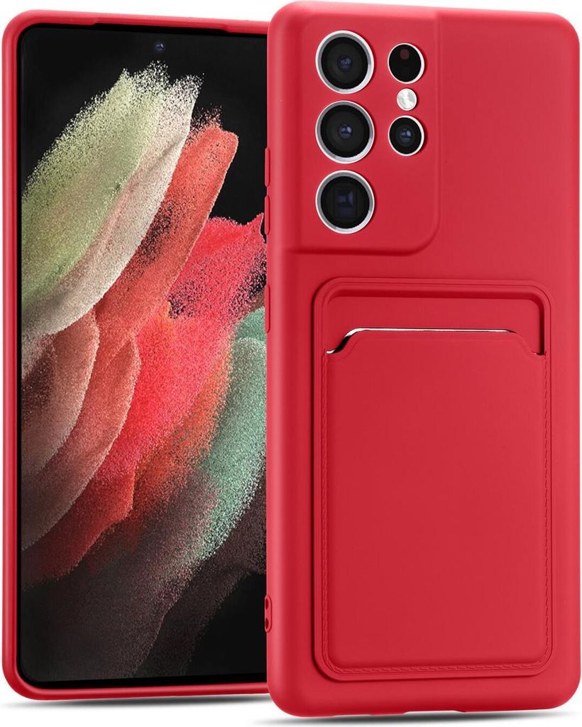 Conie Schutzhülle für Samsung Galaxy S21 Ultra mit Kartenfach Tasche Case Cover Bumper Silikon Hülle in Rot