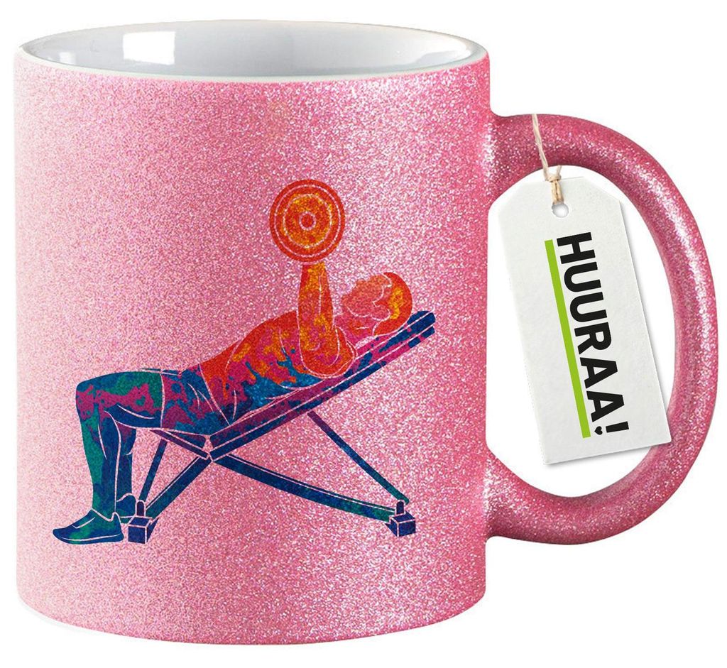 Huuraa Glitzertasse Fitness Training Bench Press bunte Silhouette 330ml Pink Keramik Kaffeebecher Geschenkidee