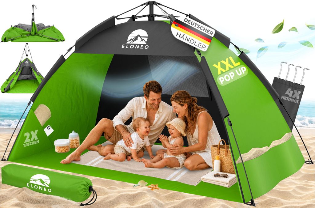 ELONEO Pop-Up Strandmuschel mit UV-Schutz 80+, leichter Aufbau, kompakt, Tragetasche, Sonnenschutz & Windschutz für Kinder und Erwachsene - XXL Grün