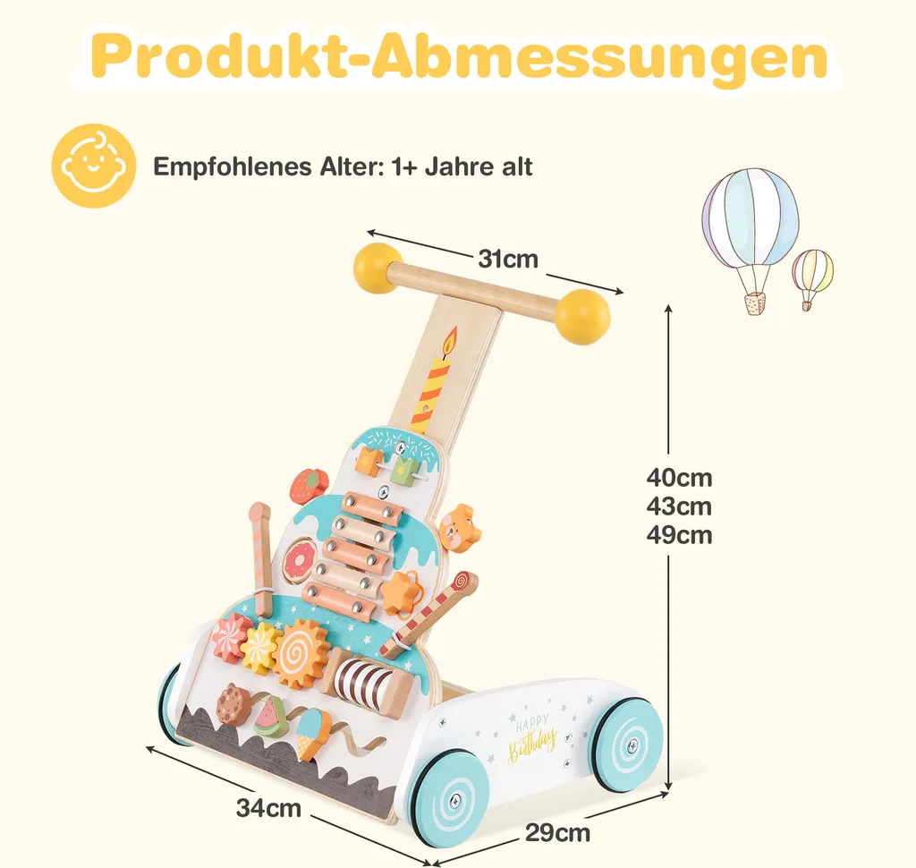 Chariot de Marche Bébé Multi-Activités en Bois et Jouets d'Éveil