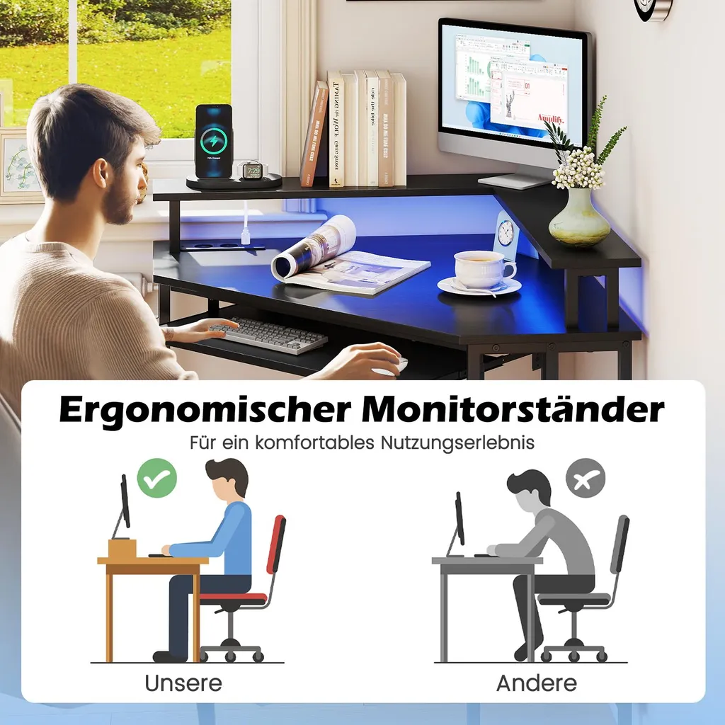 Bureau informatique LED avec tablette clavier coulissante table d'angle - 6
