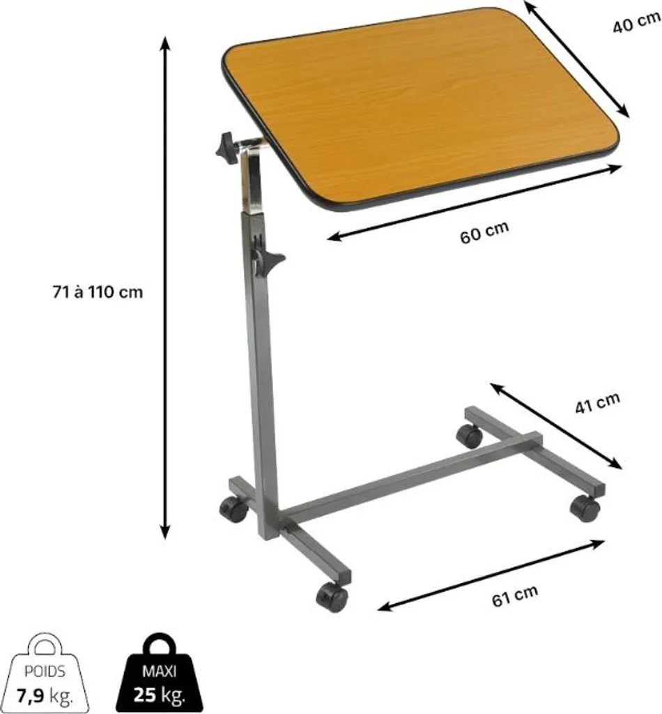 Table d'appoint bois ajustable avec plateau inclinable et roulettes 60cm