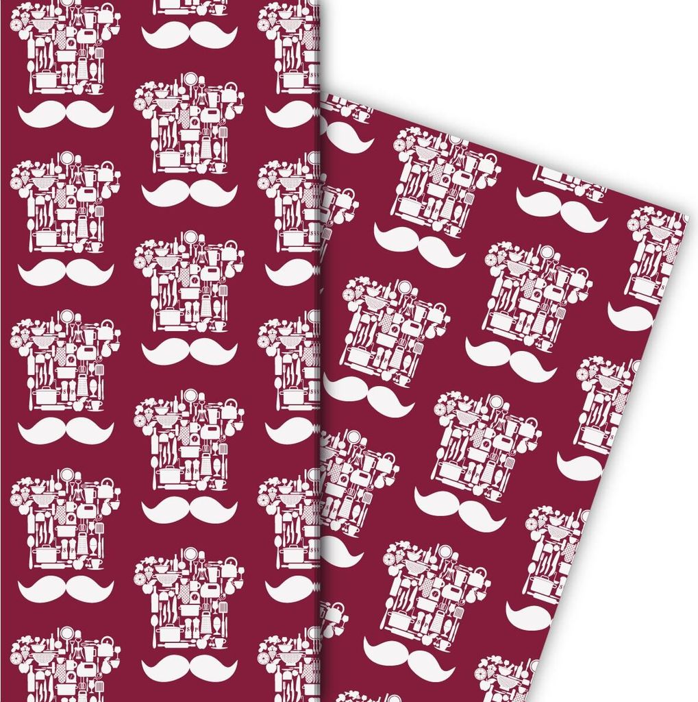 Schickes Kochmützen Geschenkpapier mit Moustache auf rot - G7570, 32 x 48cm