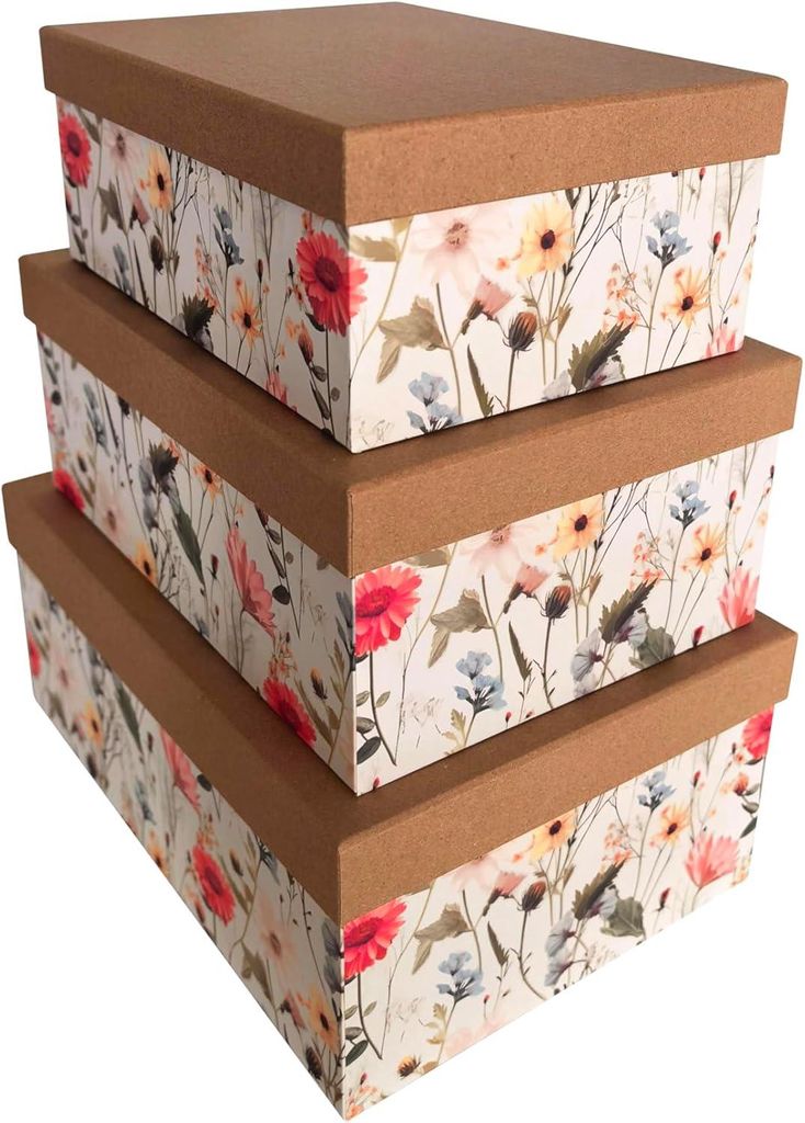 PapeRoom Aufbewahrungsboxen 3er Set rechteckig, Geschenkboxen Weiß mit floralem Muster und Deckel, Blumenwiese