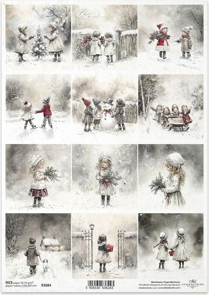 Reispapier für Decoupage A4 - Spaß im Schnee, Kinder - R2684- Itd Collection