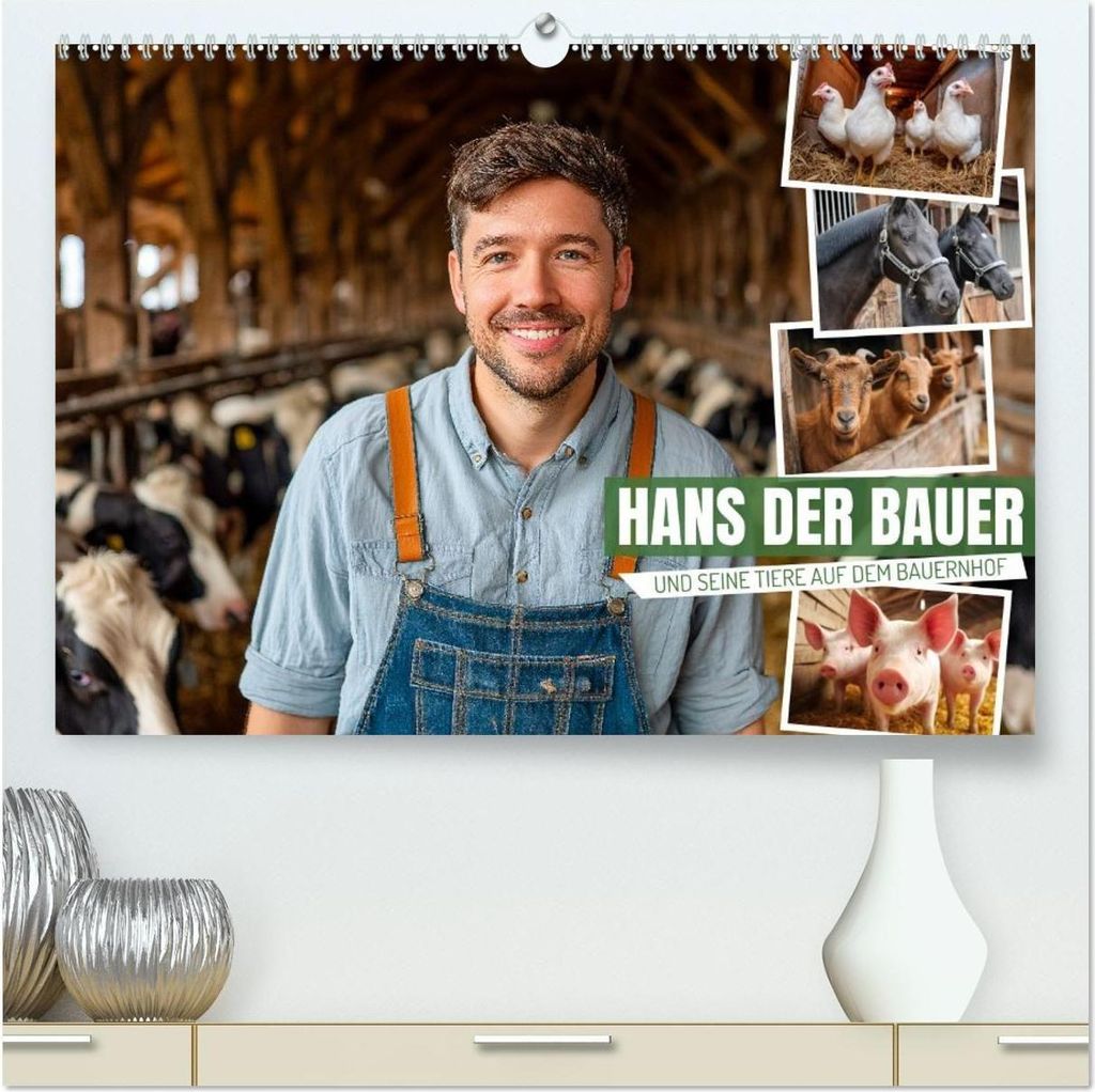 Hans der Bauer und seine Tiere auf dem Bauernhof (hochwertiger Premium Wandkalender 2026 DIN A2 quer), Kunstdruck in Hochglanz