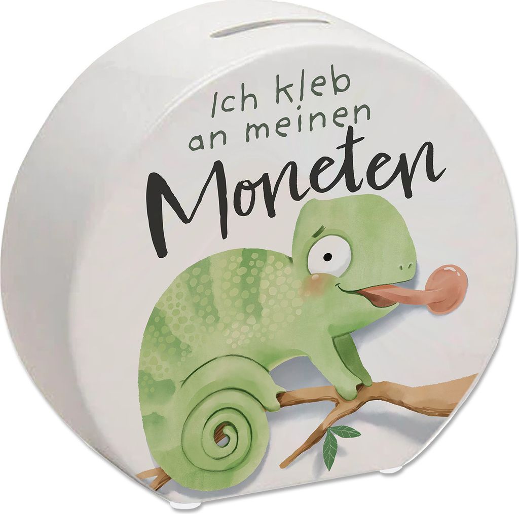 Chamäleon Spardose mit Spruch Ich kleb an meinen Moneten