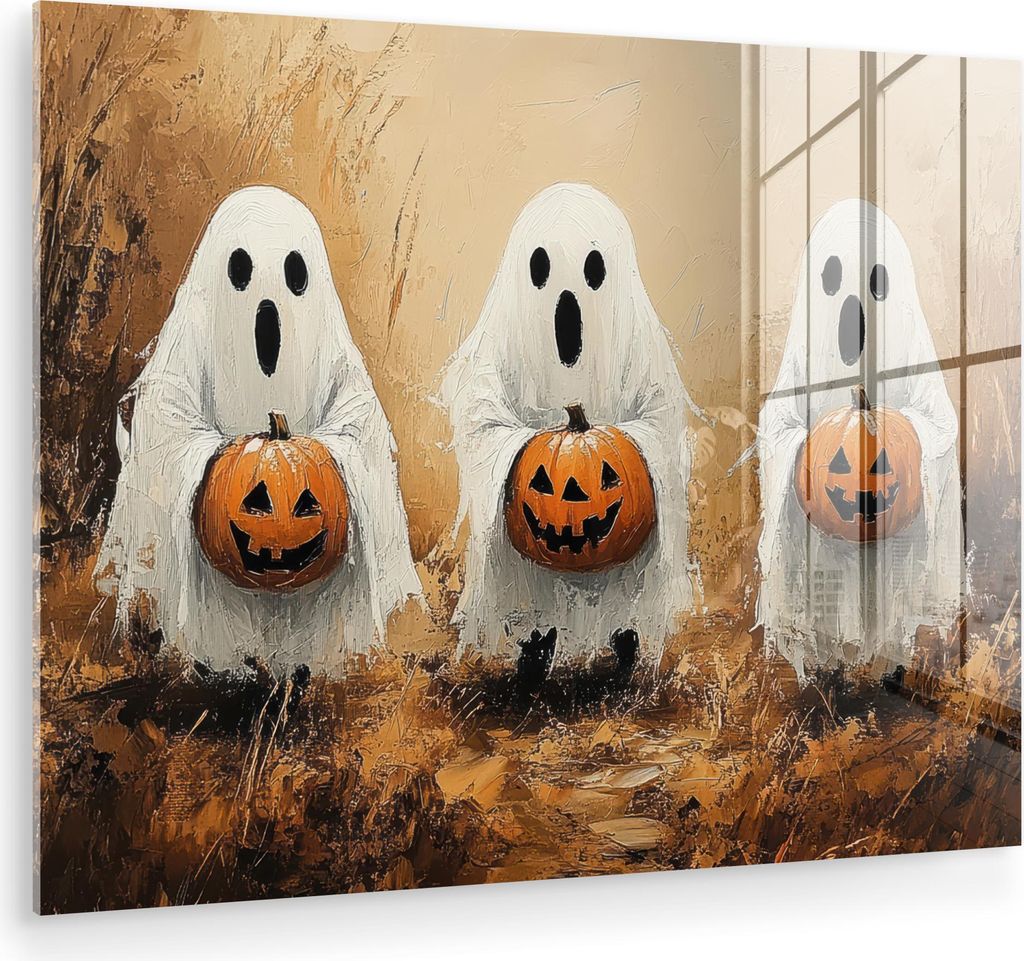 MuchoWow Glasbilder - Bilder auf Wandbild - Foto auf Glas Halloween - Kürbis - Geist - Herbst 40x30 cm Wanddekoration aus Glas - Acrylglasbild - A...