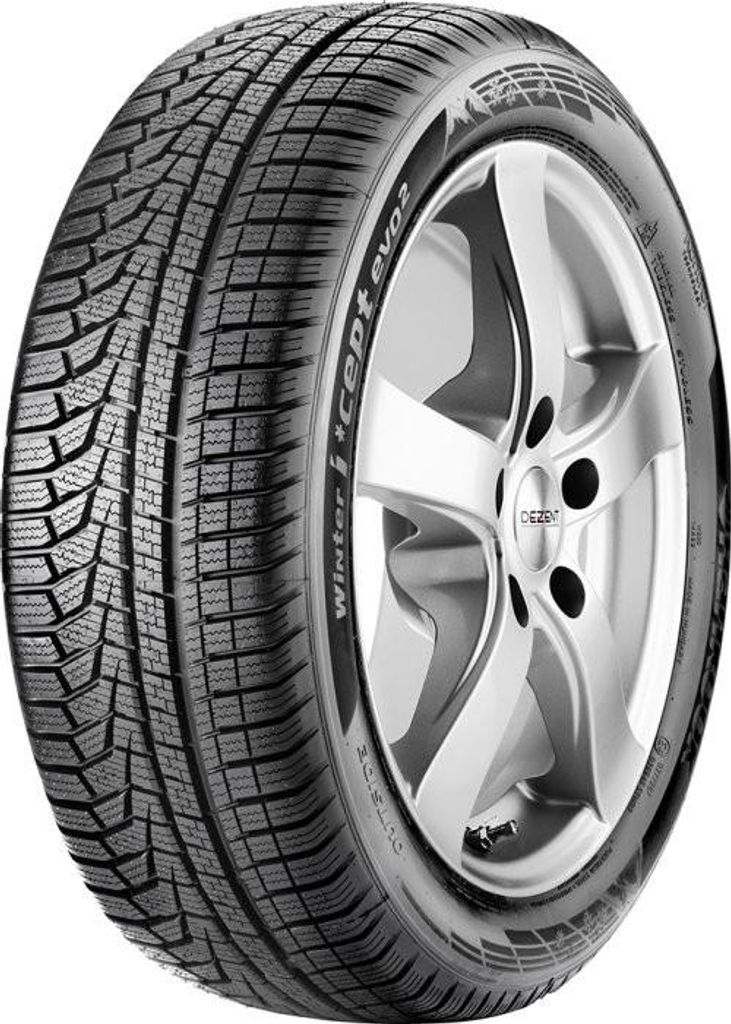 A close-up studio shot of a Hankook Winter I*Cept Evo2 tire mounted on a silver alloy wheel.