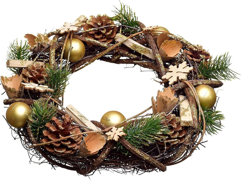Türkranz - Weihnachtskranz - Tischkranz Weihnachtsdekoration - Gold, Grün - Tannenzweige - 32 x 32 x 9,5 cm