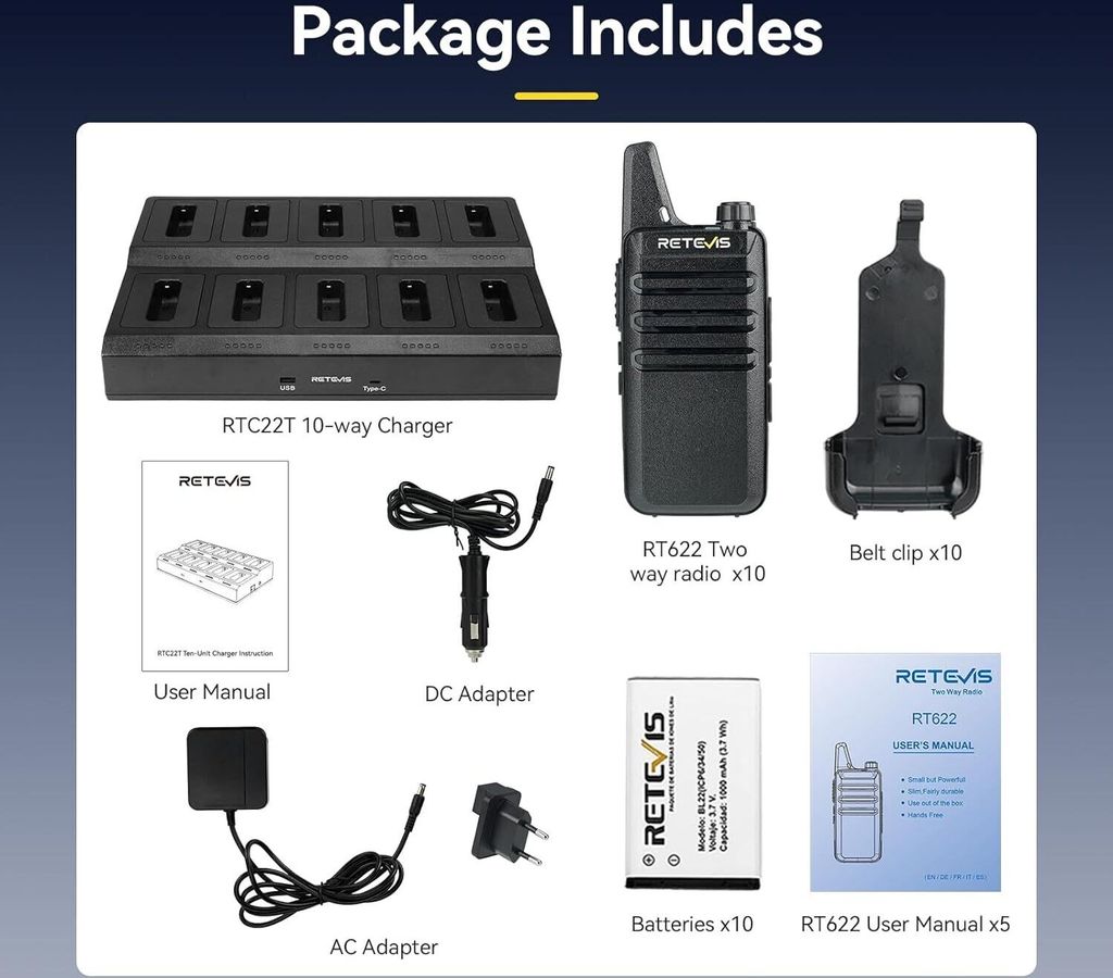 Retevis RT622 Walkie Talkie, Rechargeable Long Range Walkie Talkie With 10-Way Charger, PMR446 Ultra-Light, VOX, Professional Two-Way Radio For Hotels, Restaurants (Black, 5 Pair - View #3