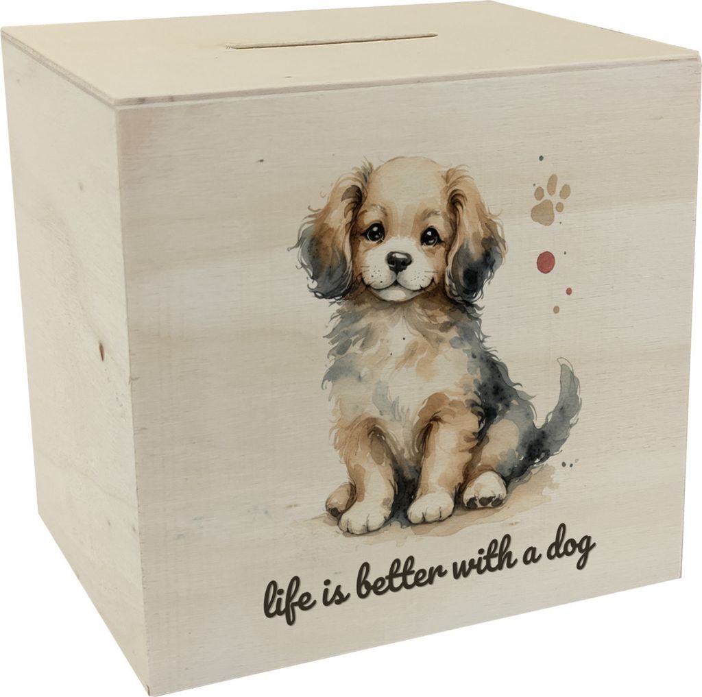 niedlicher Hund Spardose aus Holz mit Spruch life is better with a dog