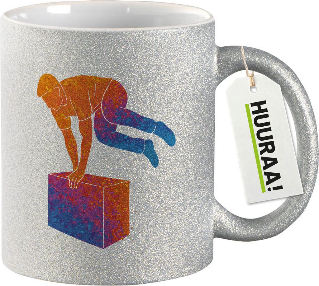 Huuraa Glitzertasse Parkour Freerunning bunte Silhouette 330ml Silber Keramik Kaffeebecher Geschenkidee