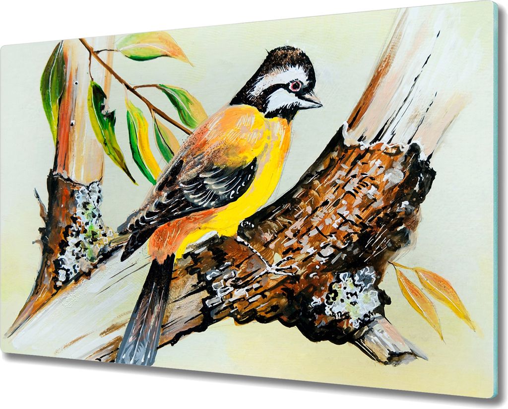 Coloray Herdabdeckplatte 80x52 cm Schneidebrett Kochplattenabdeckung Küchenbrett Hackbrett - Zweig Blätter Tier Vogel