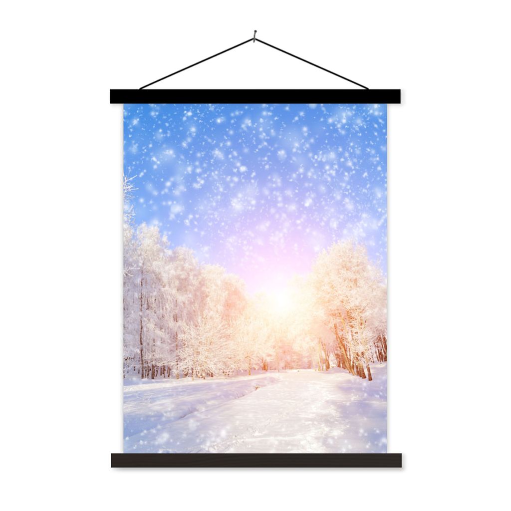 MuchoWow Textilposter Schnee - Sonne - Winter 60x80 cm mit schwarzem Rahmen - Plakathalter