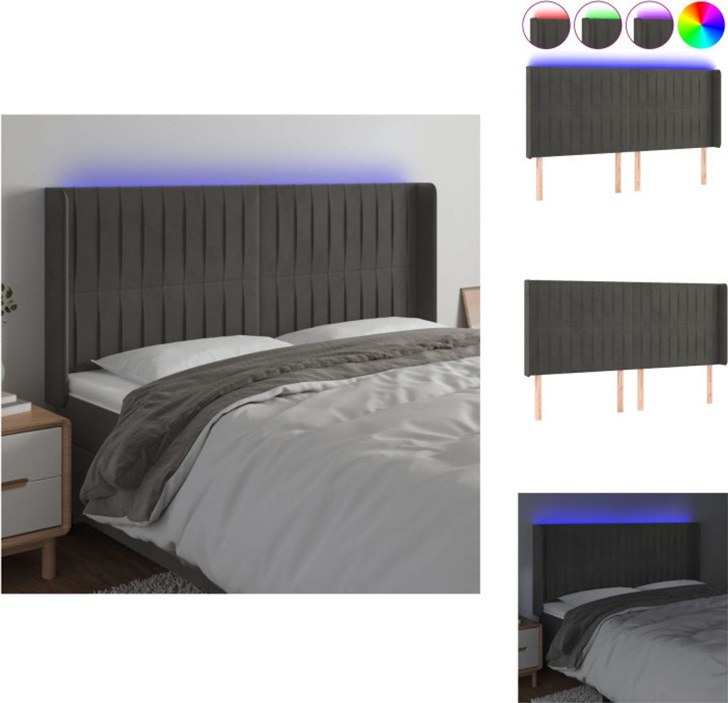 vidaXL LED Kopfteil Dunkelgrau 183x16x118/128 cm Samt - Kopf- & Fußenden