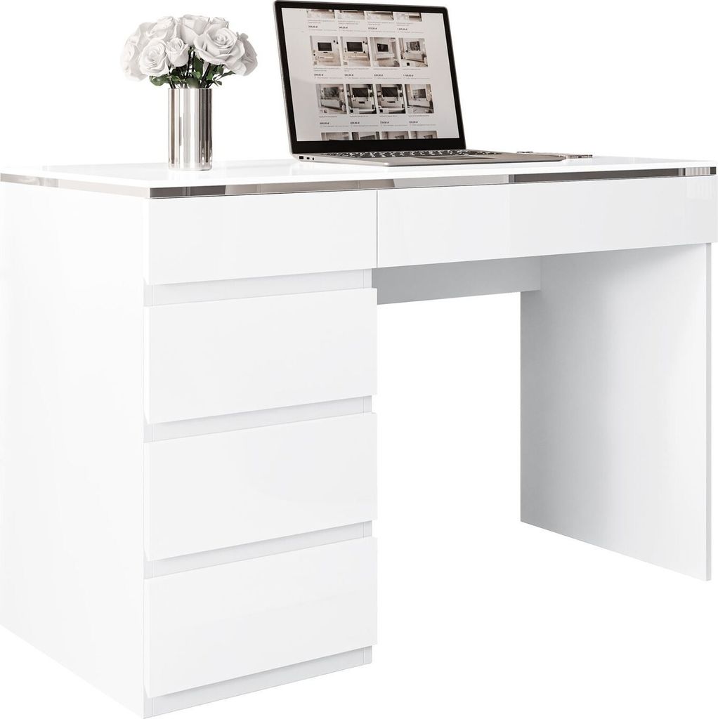 A white desk with drawers and a laptop on top, with a vase of flowers to the left.