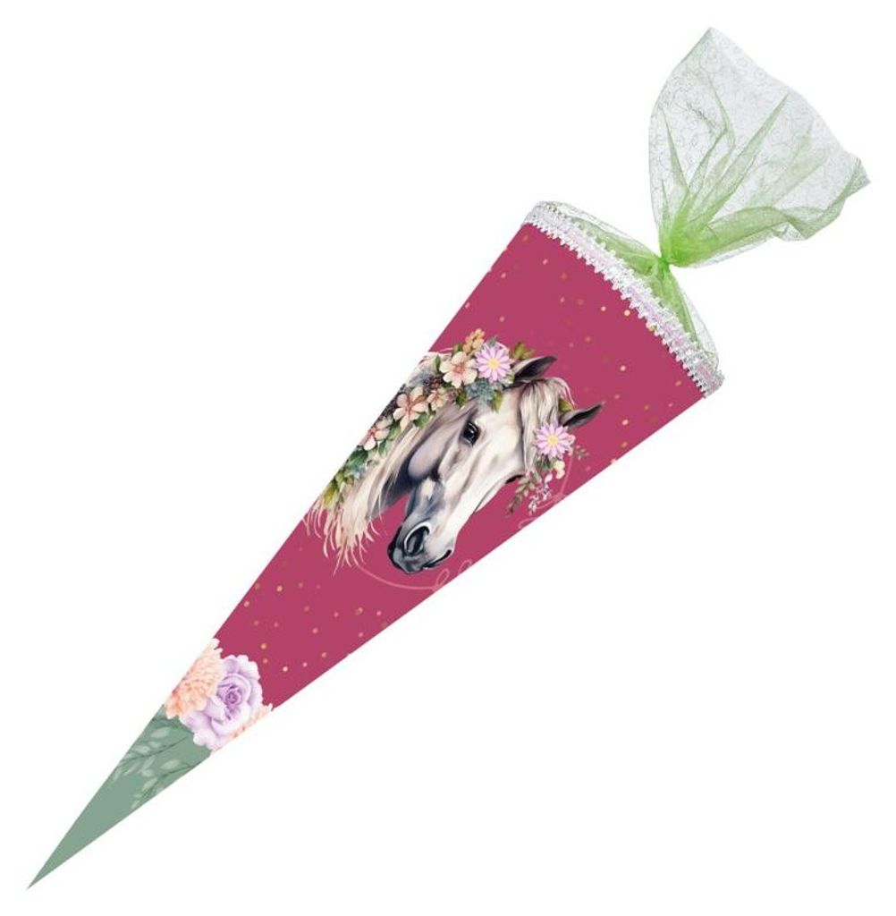 Nestler Schultüte Floral Horse 70cm mit Textilborte und Stoffblumen