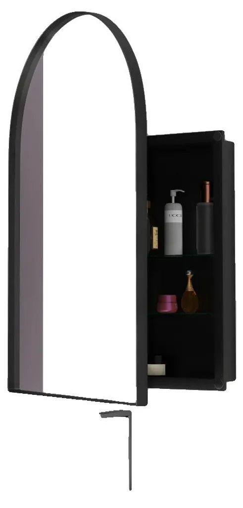 Armoire de toilette noire bombée encastrable avec étagères réglables