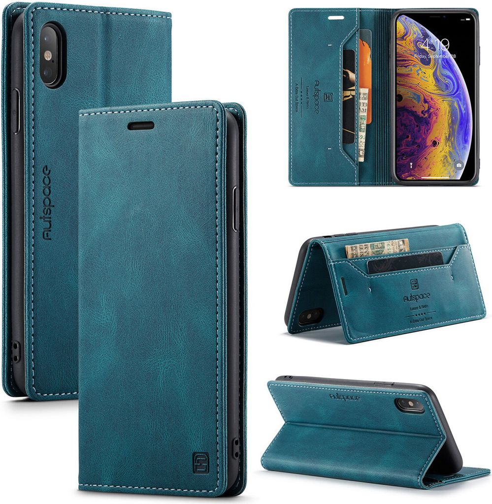 iPhone XS Brieftasche Hülle, Retro Kunstledertasche Stand Schutzhülle für iPhone XS / iPhone X Blau