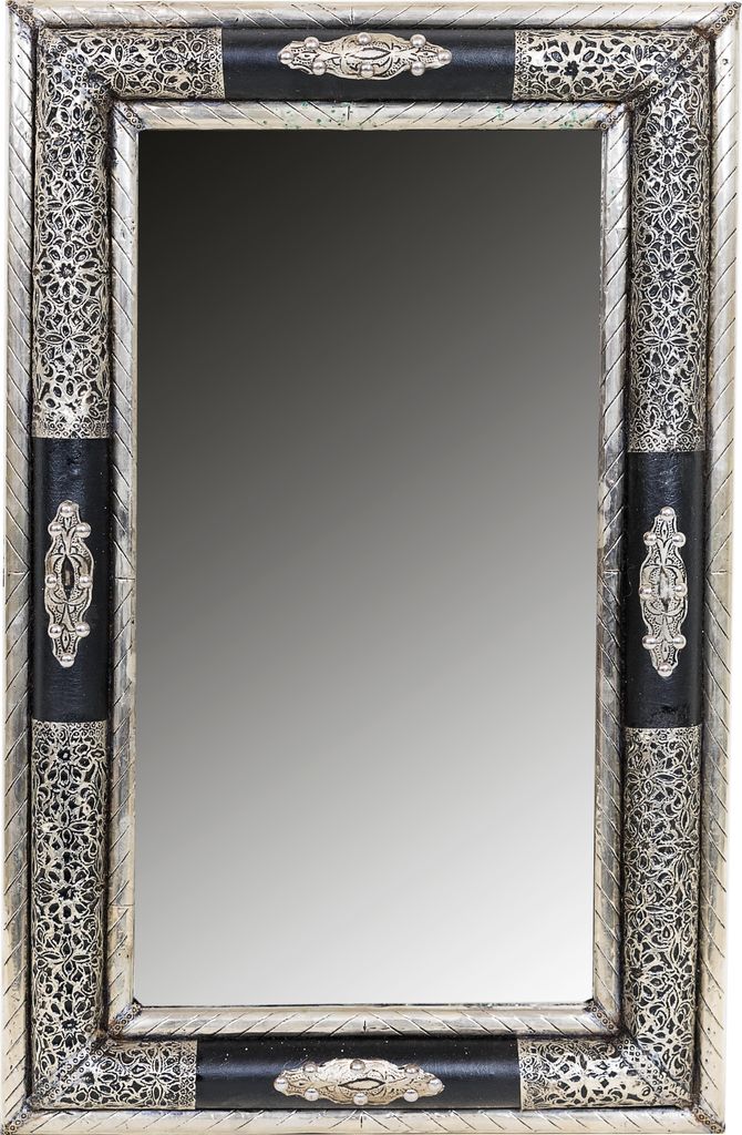 Orient Spiegel Wandspiegel Hayud 70cm groß Silber | Großer Marokkanischer Flurspiegel mit Holzrahmen orientalisch verziert | Orientalischer Vinta...