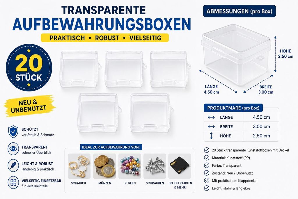 20 mini-boîtes en plastique transparentes avec couvercle Image du produit 