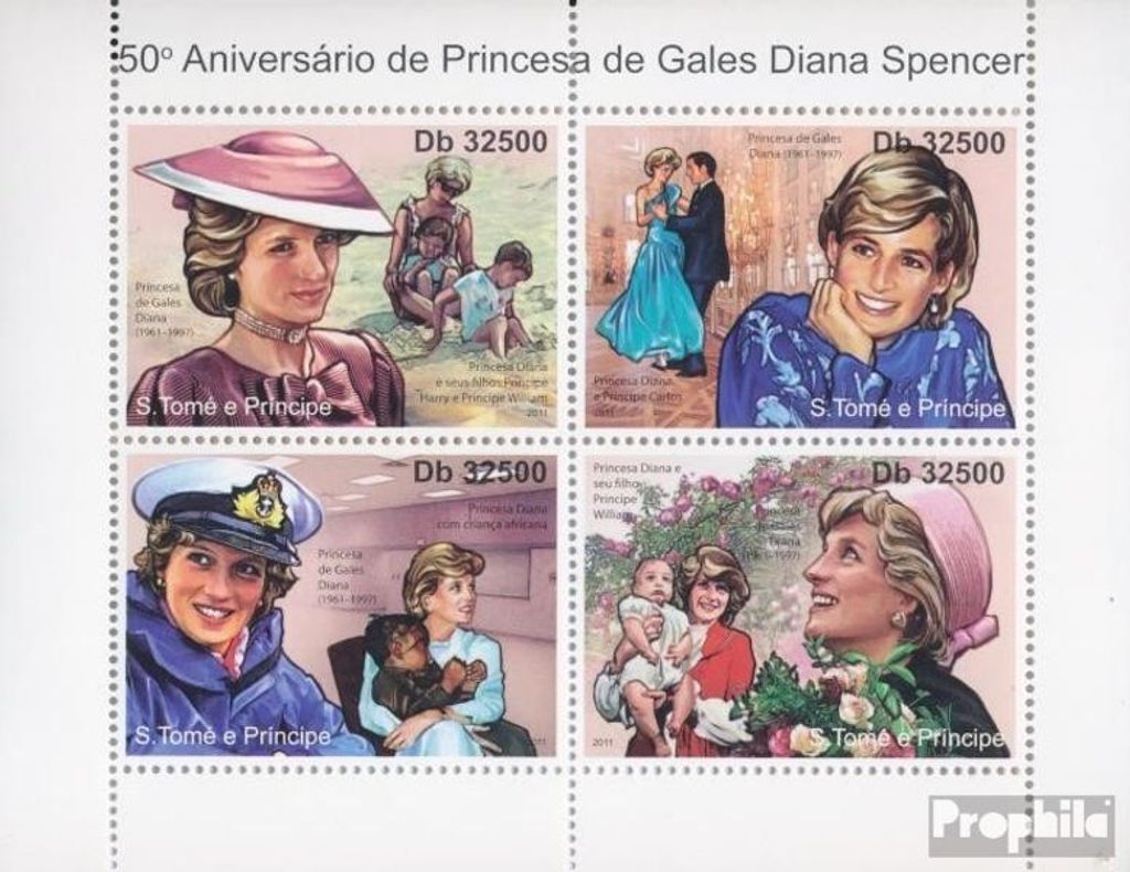 Briefmarken Sao Tome e Principe 2011 Mi 4953-4956 Kleinbogen (kompl. Ausgabe) postfrisch Prinzessin von Wales - Diana Spencer