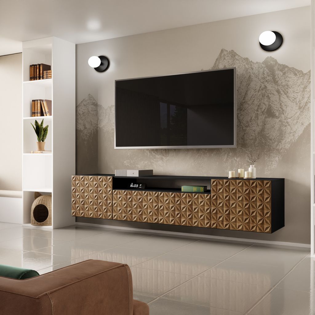 Moderner, hängender TV-Schrank CALL 200 cm mit geriffelten Fronten, Farbe: Schwarz / Eiche Catania