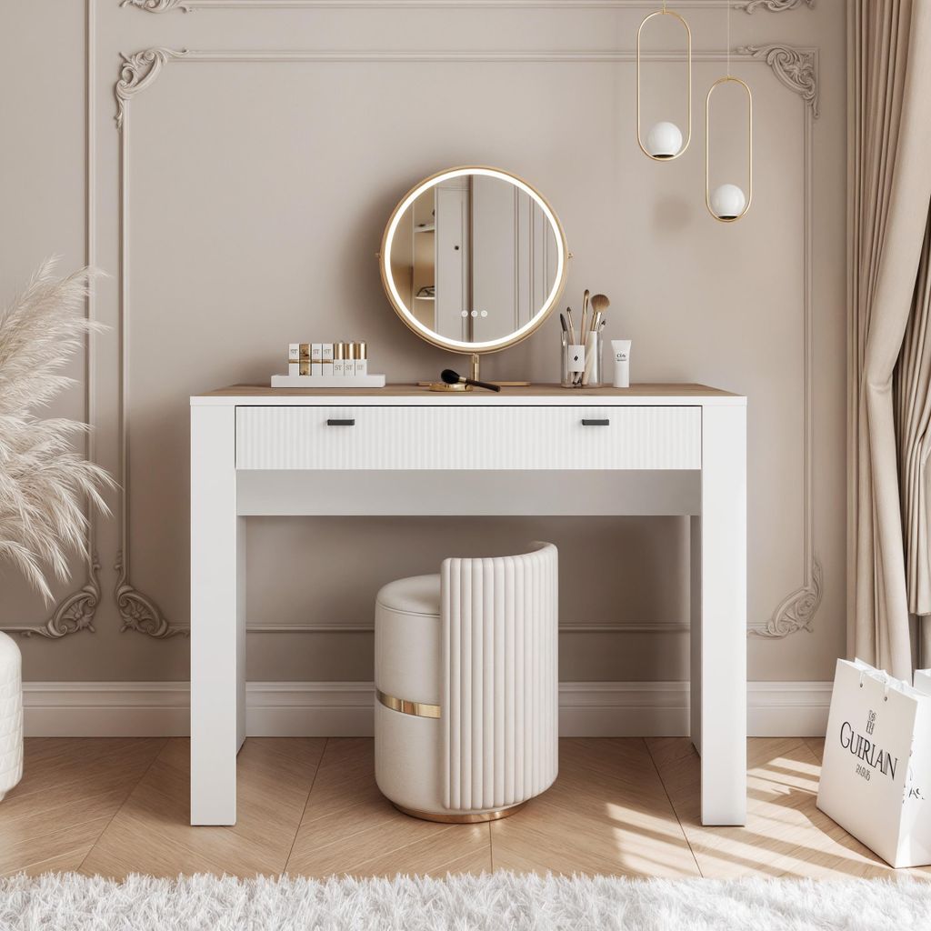 Idohome Schminktisch, Konsolentisch mit Schublade, Kosmetiktisch , Frisiertisch, Schminkkommode modern, in Farbe Weiss/Eichenfarbe Whisky - Avena