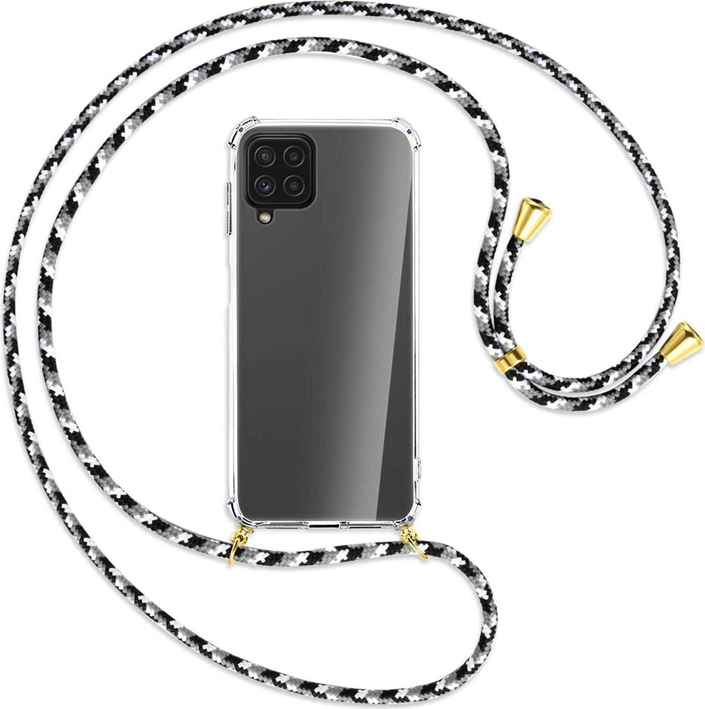 Handykette Backcover-Schutzhülle mit Band (Metall goldfarben) für Samsung Galaxy A22 4G (A225) - schwarz/grau/weiß