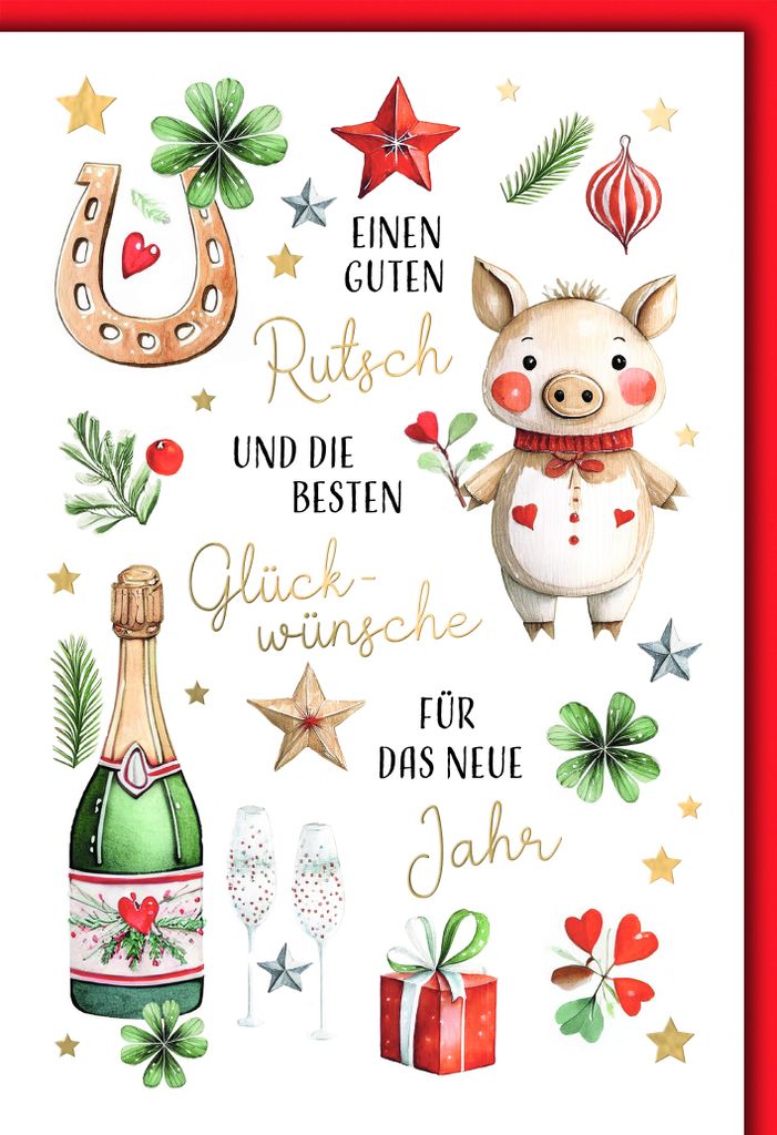 Neujahr Glückssymbole und Sekt guten Rutsch Glückwunschkarte mit Umschlag