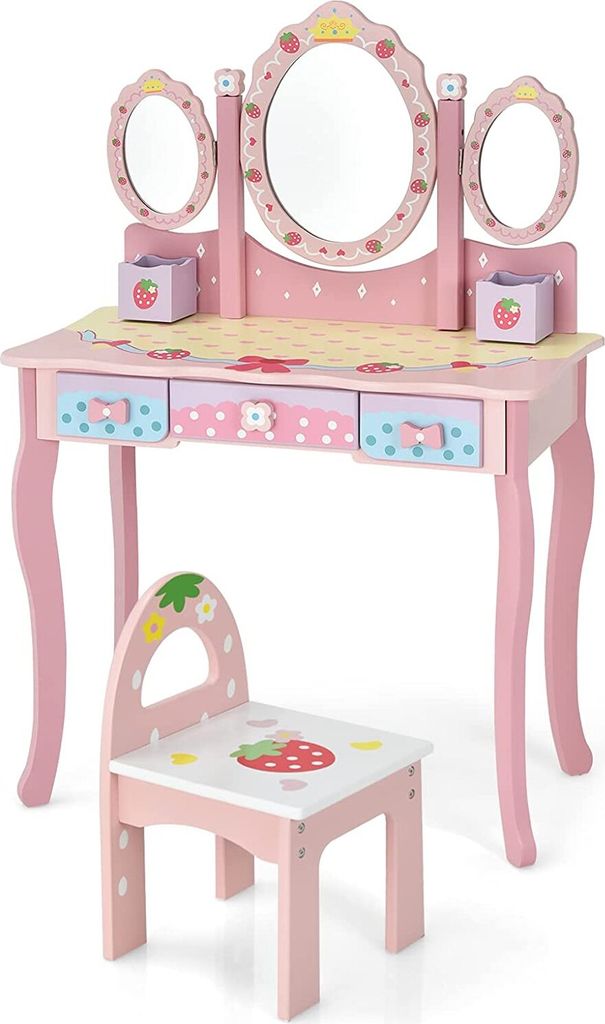 Kinder Schminktisch mit Hocker, Prinzessin Frisiertisch mit klappbarem Spiegel & 3 Schubladen, Frisierkommode für Kinder Mädchen rosa