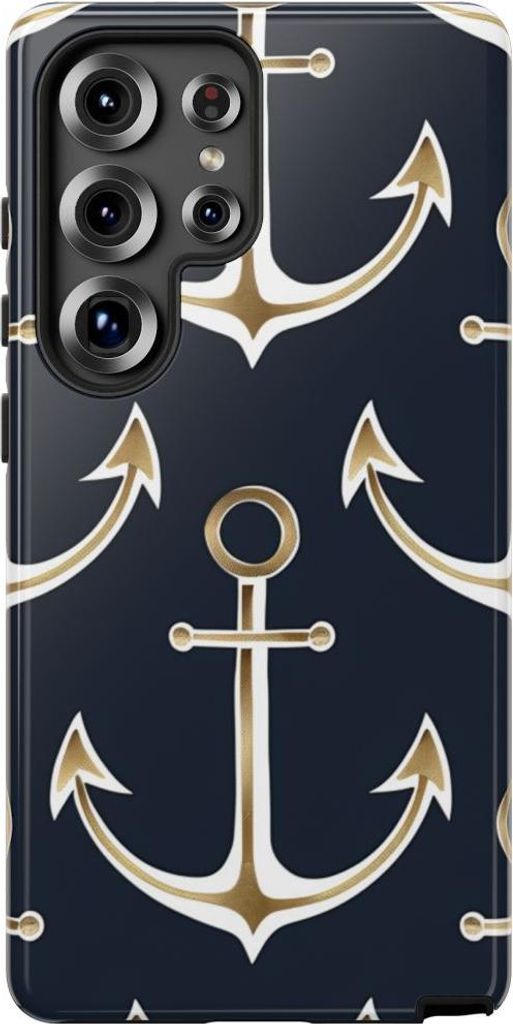 Goldene Anker auf dunkelblauem Muster – Hülle Kompatibel mit Samsung Galaxy S25 Ultra
